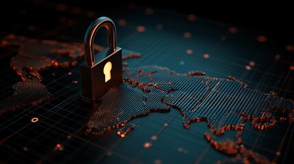 Padlock is embedded in digital world map grid, symbolizing global cybersecurity and data protection. dark background with glowing orange highlights adds futuristic feel
