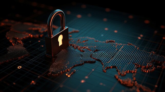 Padlock is embedded in digital world map grid, symbolizing global cybersecurity and data protection. dark background with glowing orange highlights adds futuristic feel