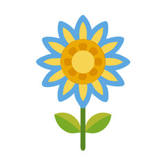 Flat design flower icon with blue petals and yellow center on black background