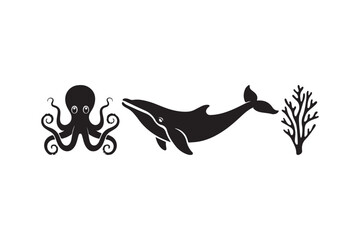 Fototapeta premium Silhouette of an octopus whale and coral against a white background