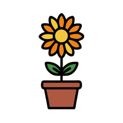 Stylized flat design of a sunflower in a terracotta pot against black backdrop
