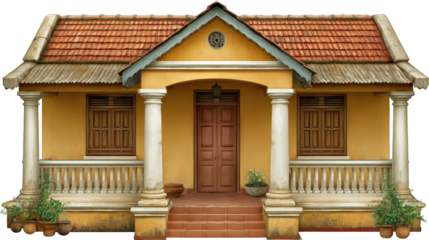 Charming yellow bungalow with red tiled roof, front porch, white columns, wooden door, potted plants, and rustic windows, evoking warm and inviting atmosphere