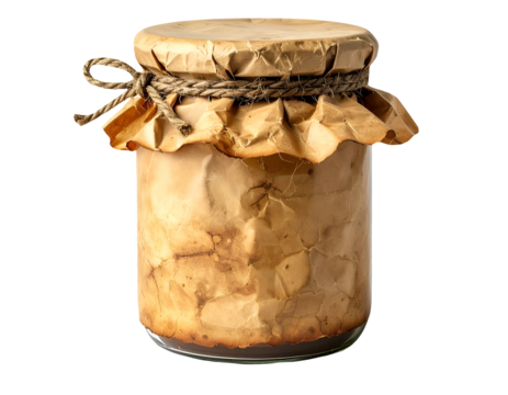 Vintage glass jar wrapped in crinkled kraft paper with twine tie, rustic handmade look on isolated background