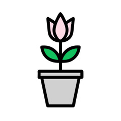 Stylized potted plant graphic with flower bloom on solid black background