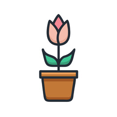 Simple flat illustration of a pink flower in a pot on a black background