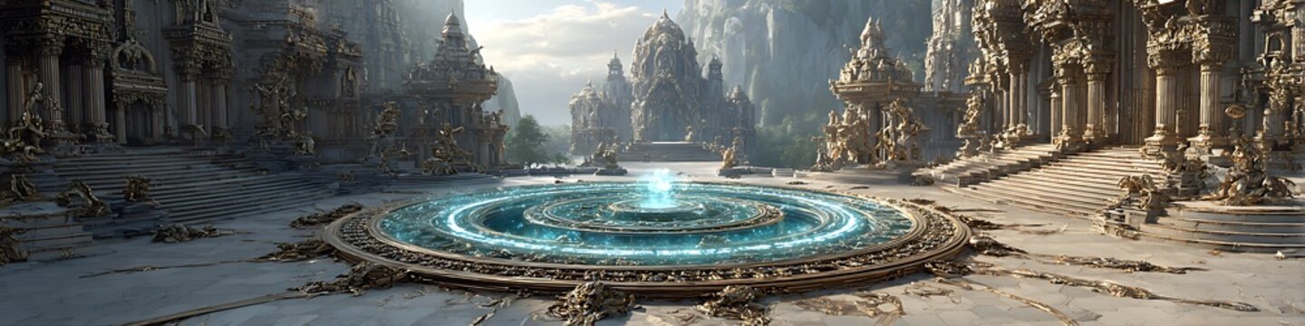 Temple hall with holographic timeline projected by ancient AI device