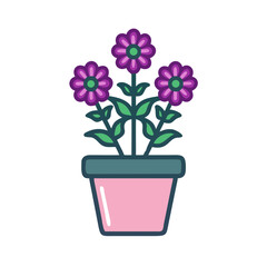 Potted purple flowers with green leaves in a stylish minimal illustration