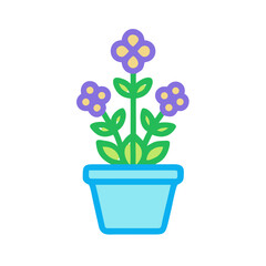 Potted flower icon with purple blossoms and green leaves on black background