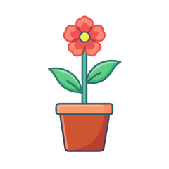 Stylized flower in pot illustration with a red bloom and green leaves