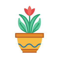 Stylized Flat Illustration: Tulip Flower in Pot, Symbol of Spring Growth