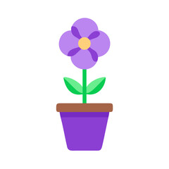 Stylized purple flower in a pot with green leaves on a black background