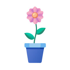 Stylized Flower in Blue Pot Isolated on Black Background for Spring Concepts