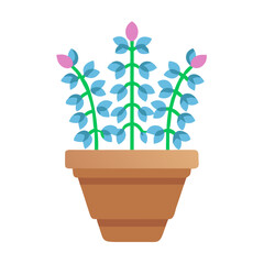 Obraz premium Stylized potted plant with blue leaves and pink buds on black background