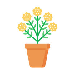 Stylized illustration of yellow flowers with green leaves in a terracotta pot on black