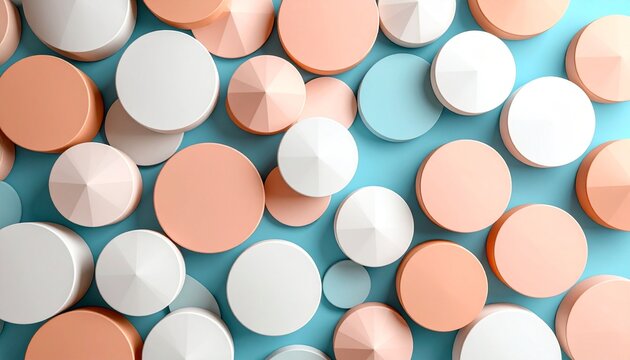 Floating orange and white shapes—squares, circles, and spheres