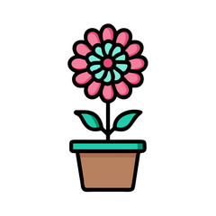 Stylized flower in pot on black background with rounded petals and leaves