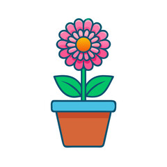 Cartoon Flower in Pot Isolated on Black Background for Graphic Design