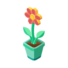 Isometric flower in a pot rendered with a bright and cheerful color palette