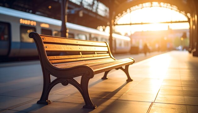 Waiting on sunrise: Empty bench on the train platform bathed in morning light - Powered by Adobe