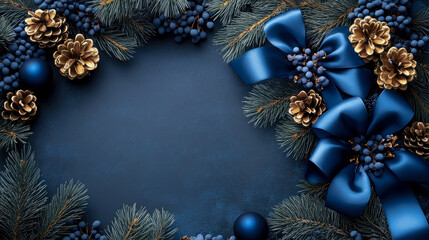 Elegant Dark Blue and Gold Christmas Festive Border with Pinecones, Ribbons, and Evergreen Branches on Textured Background