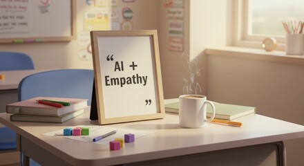 A classroom desk holds books blocks a framed quote AIEmpathy and a steaming mug of coffee bathed in gentle light