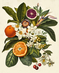 Vintage botanical collage with oranges, passion fruit, fig slice and white blossoms, bird of paradise on a cream paper background.
