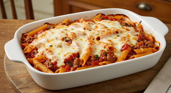 Overhead view of baked ziti with tomato meat sauce, melted mozzarella on top, in a white baking dish, with a warm kitchen background