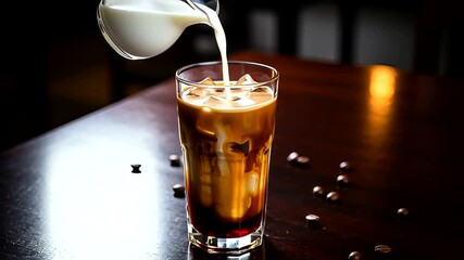 Pouring Fresh Milk into Glass of Iced Coffee Creating Delicious Drink Slow Motion - Powered by Adobe