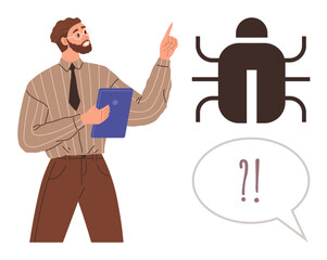 Man holding a clipboard points at a bug icon while a speech bubble features exclamation marks. Ideal for coding, problem-solving, debugging, frustration, IT workflows, technical analysis, simple flat