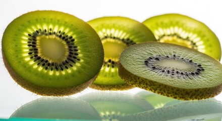 Close-up of sliced kiwi fruit revealing vibrant green flesh and tiny black seeds, isolated on a clean white background