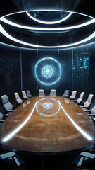 Futuristic conference room with glowing technology, perfect for innovation and brainstorming sessions