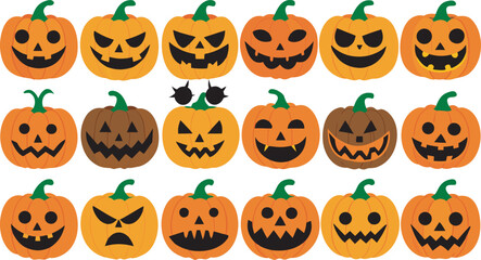 Variety of Halloween Jack O Lanterns with Different Expressions on White Background