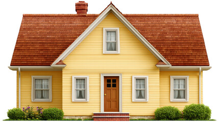 Obraz premium Yellow house red roof wooden door front porch white window residential home suburban cozy classic architecture green shrub