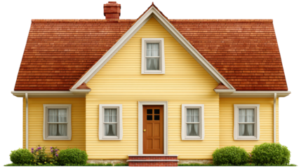 Yellow house red roof wooden door front porch white window residential home suburban cozy classic architecture green shrub