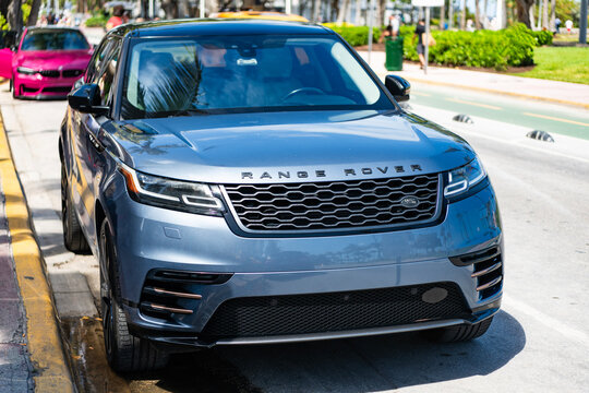 Miami, Florida, USA - April 04, 2025: Range Rover Velar 2019 crossover car. Luxury crossover car Range Rover Velar. Car Range Rover parked outdoor. Grey Velar car, front view.