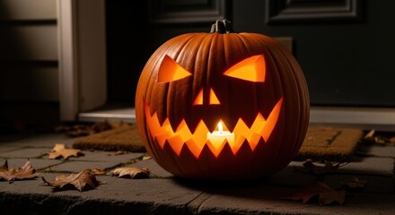 A spooky carved Jack-o'-lantern glowing on a front porch step, a classic symbol of Halloween night with autumn leaves.