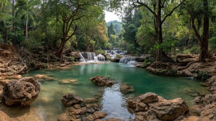Lush waterfall cascading into a tranquil turquoise pool, surrounded by dense jungle