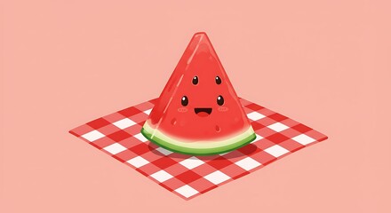 Cute watermelon slice on checkered blanket illustration for summer
