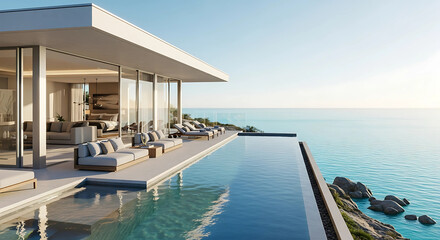 Fototapeta premium Luxurious villa with an infinity pool overlooking the ocean, showcasing modern architecture and design for a tropical vacation