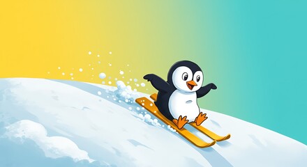 Penguin skiing downhill on sunny slope cartoon illustration graphic