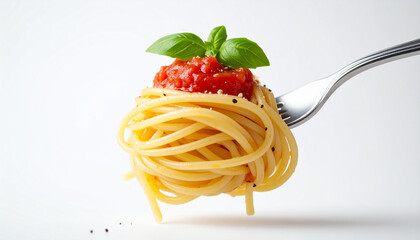isolated spaghetti with tomato sauce on a fork