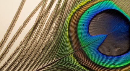 Obraz premium Detailed macro shot of vibrant peacock feather with iridescent eye pattern