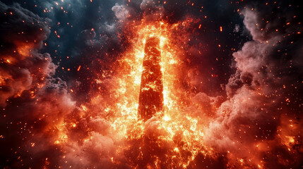 Colossal dark monolith engulfed in blazing inferno, surrounded by swirling fiery smoke and countless sparks against dark, dramatic sky.