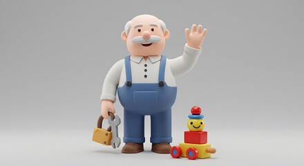 Cartoon man with toy and tools