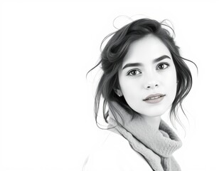 Monochrome portrait of a young woman with scarf 