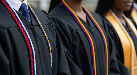 Group of graduates in caps and gowns with colorful honor cords at graduation ceremony