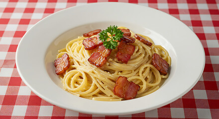 Plate of spaghetti with maple bacon carbonara, creamy egg sauce, in a clean white bowl, placed on a checkered tablecloth