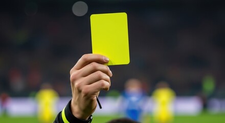 Referee's Hand Holding a Yellow Card During a Soccer Match, Penalty, Warning Signal