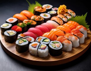 Assorted sushi arranged platter with traditional Japanese flavors
