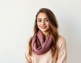 Portrait of a smiling woman with a pink scarf and sweater 